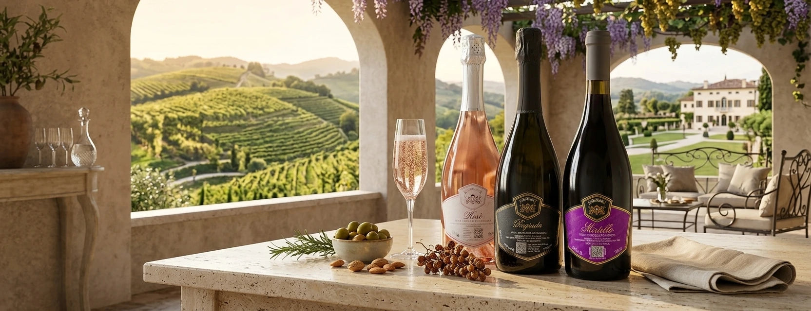 Prosecco Banner mit 3 Flachen auf einem Tisch 