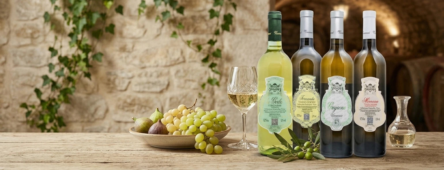 Weißwein Banner mit 4 Flaschen und einem Glas 