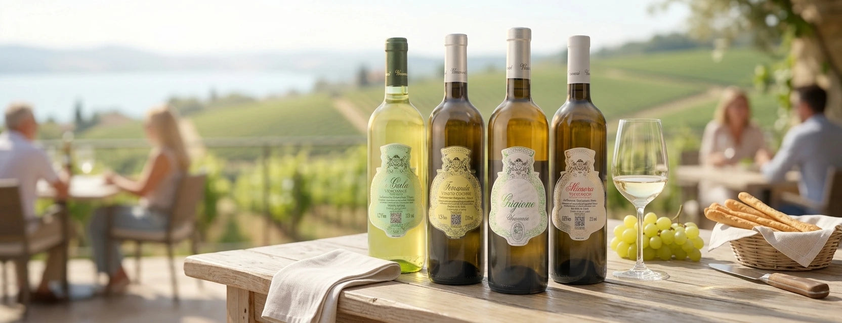 Weißwein Banner mit 4 Flaschen auf einem schönen Tisch
